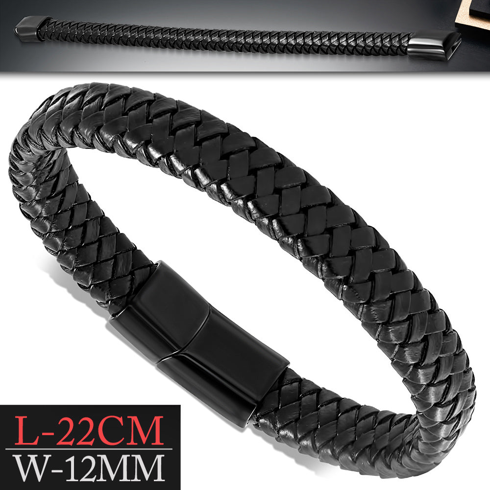 Stainless Steel Black Leather Braided Wristband Mens Bracelet