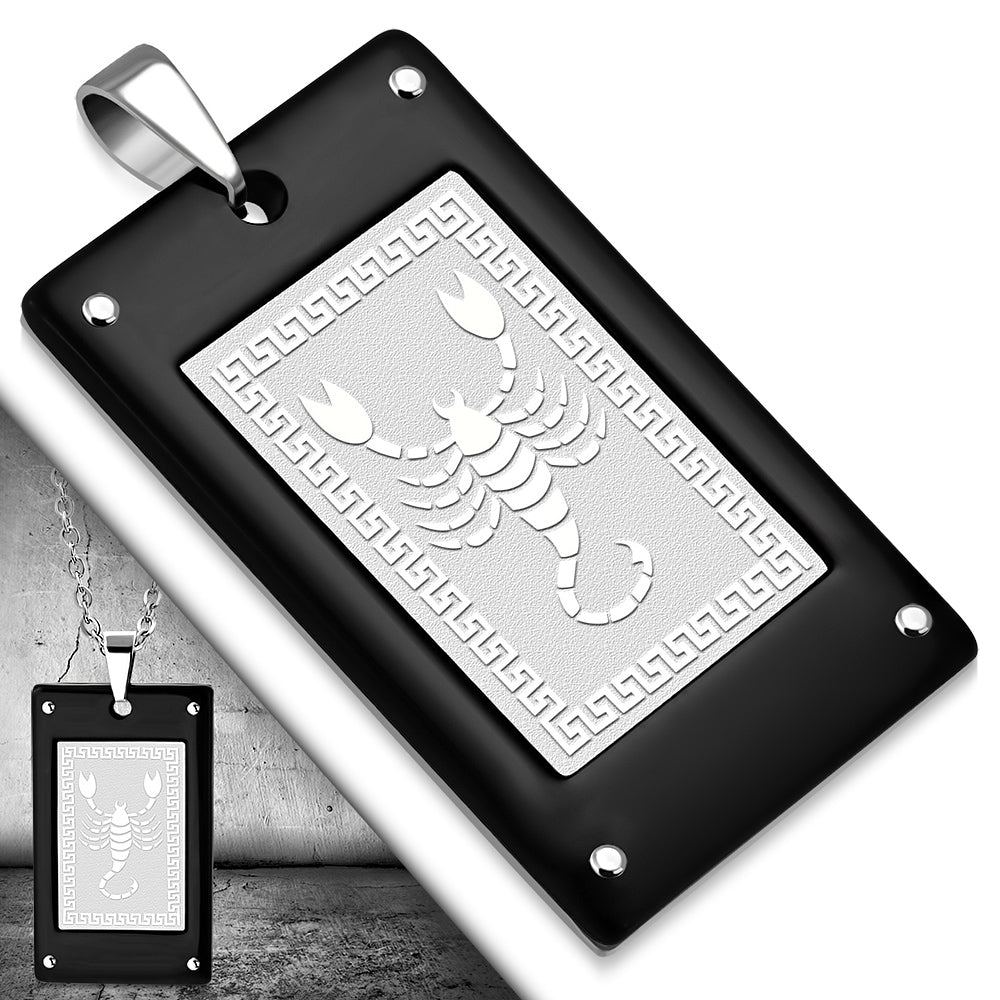 Stainless Steel Black Silver-Tone Scorpion Dog Tag Pendant Necklace, 22"