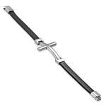 Stainless Steel Silver-Tone Black Leather Cross Mens Cuff Bracelet, 8.25"