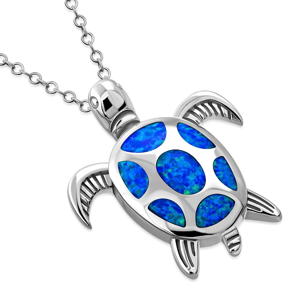Blue Sea Turtle Necklace Pendant 925 Sterling Silver Simulated Opal