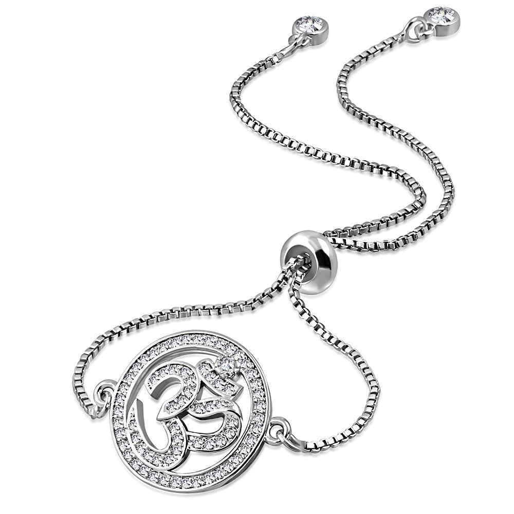 Stainless Steel Clear CZ Om Aum Adjustable Chain Bracelet, 9"