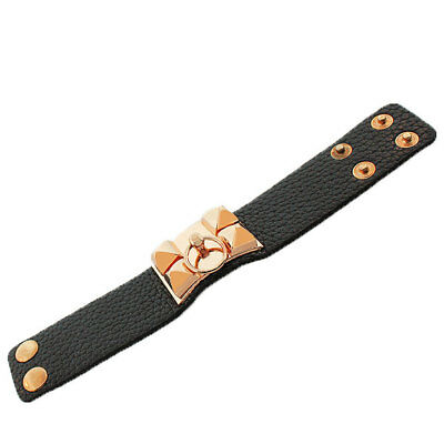 Black Faux Vegan Leather Rose Gold Spikes Ring Large Wristband Womens Bracelet