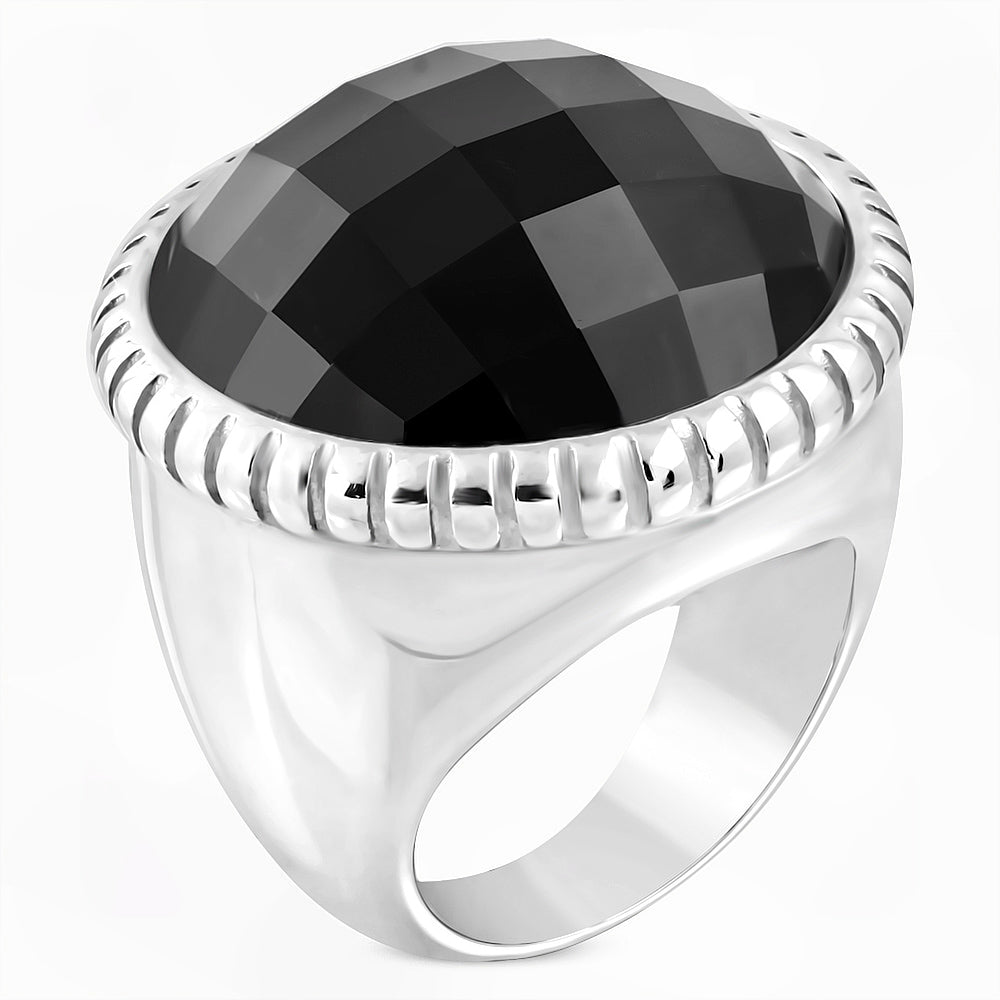 Simulated Onyx Stainless Steel Cocktail Statement Ring Silver Tone
