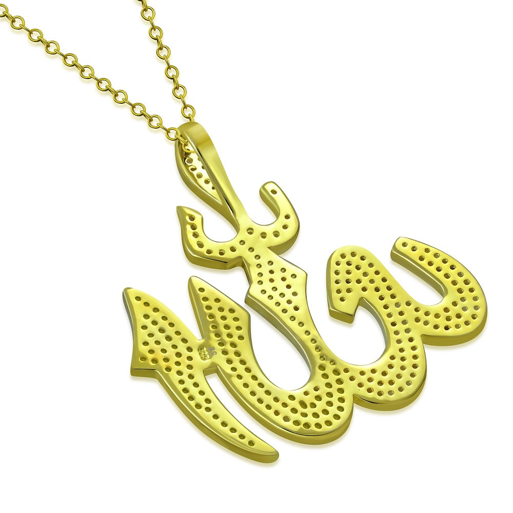 Men's Yellow Gold Tone 925 Sterling Silver Allah Pendant Necklace Cubic Zirconia