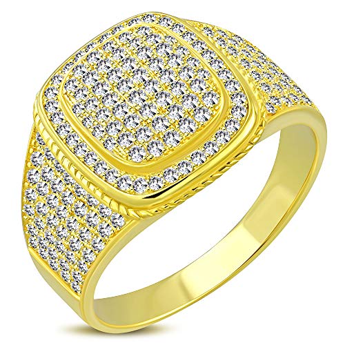 My Daily Styles 925 Sterling Silver Men's Gold-Tone Micro Pave White CZ Stone Rounded Edge Square Layered Signet Style Ring
