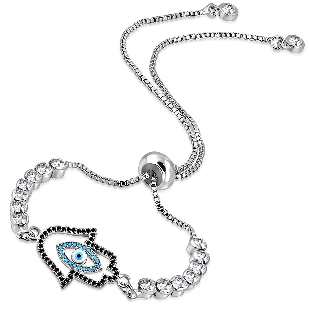 Stainless Steel Multi-Color CZ Evil Eye Hamsa Adjustable Chain Bracelet, 9.5"