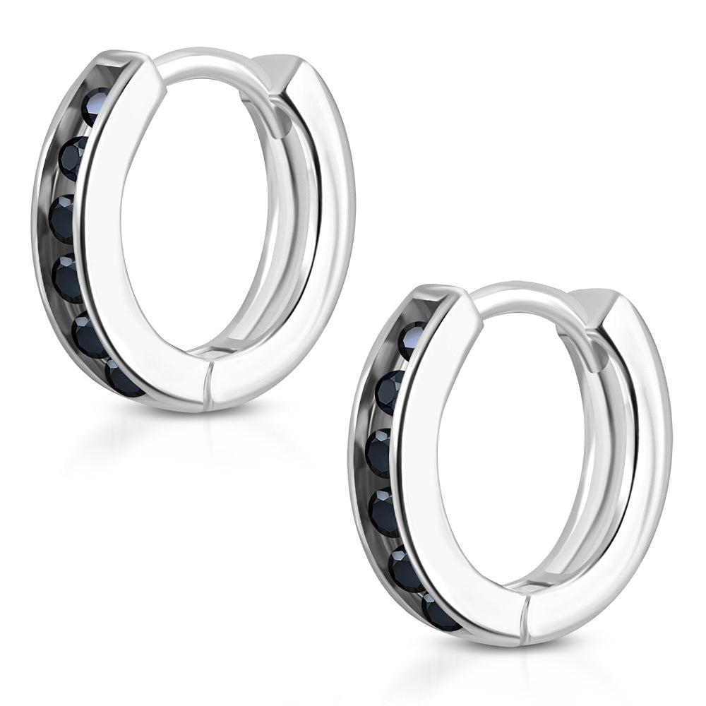 Black Hoop Huggie Earrings Girls Silver Plated Brass Cubic Zirconia
