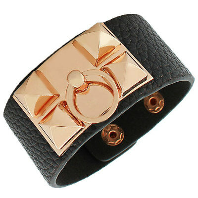 Black Faux Vegan Leather Rose Gold Spikes Ring Large Wristband Womens Bracelet