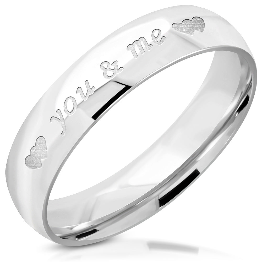 You & Me Double Heart Band Ring Silver-Tone Stainless Steel
