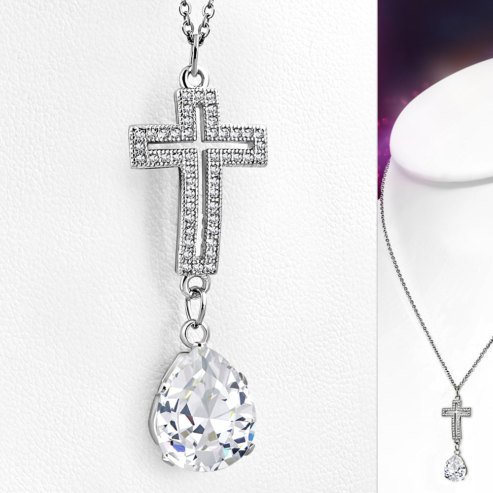 Stainless Steel White Clear CZ Womens Religious Cross Pendant Necklace