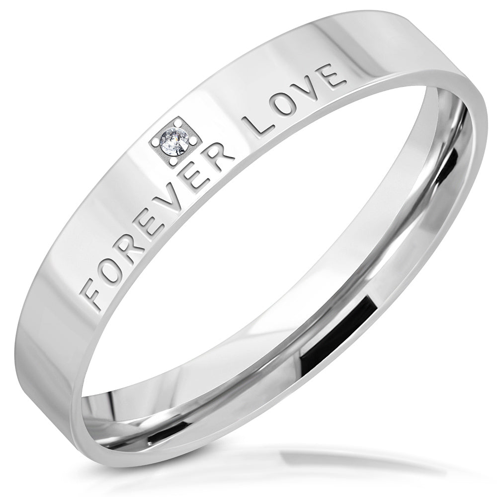 Forever Love Band Ring Silver-Tone Stainless Steel Cubic Zirconia