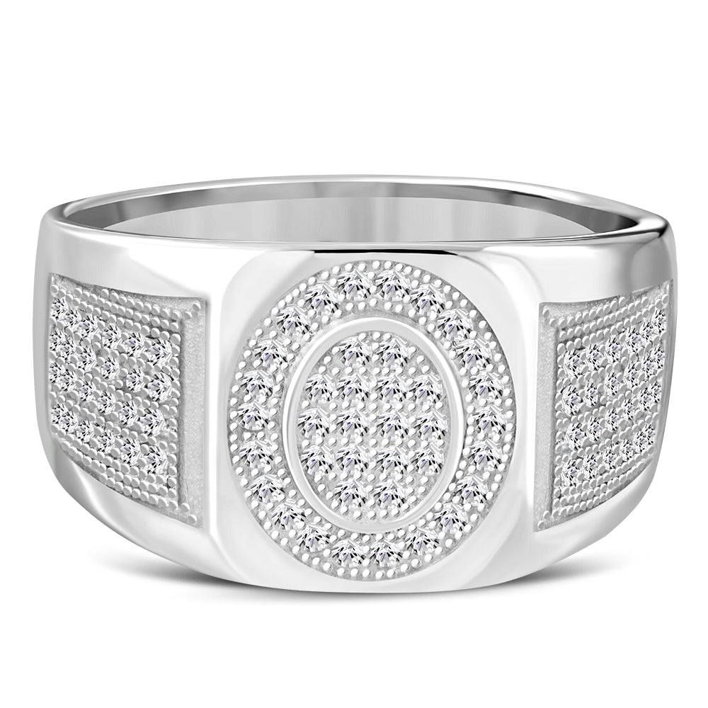 Men's 925 Sterling Silver Round Signet Ring Cubic Zirconia