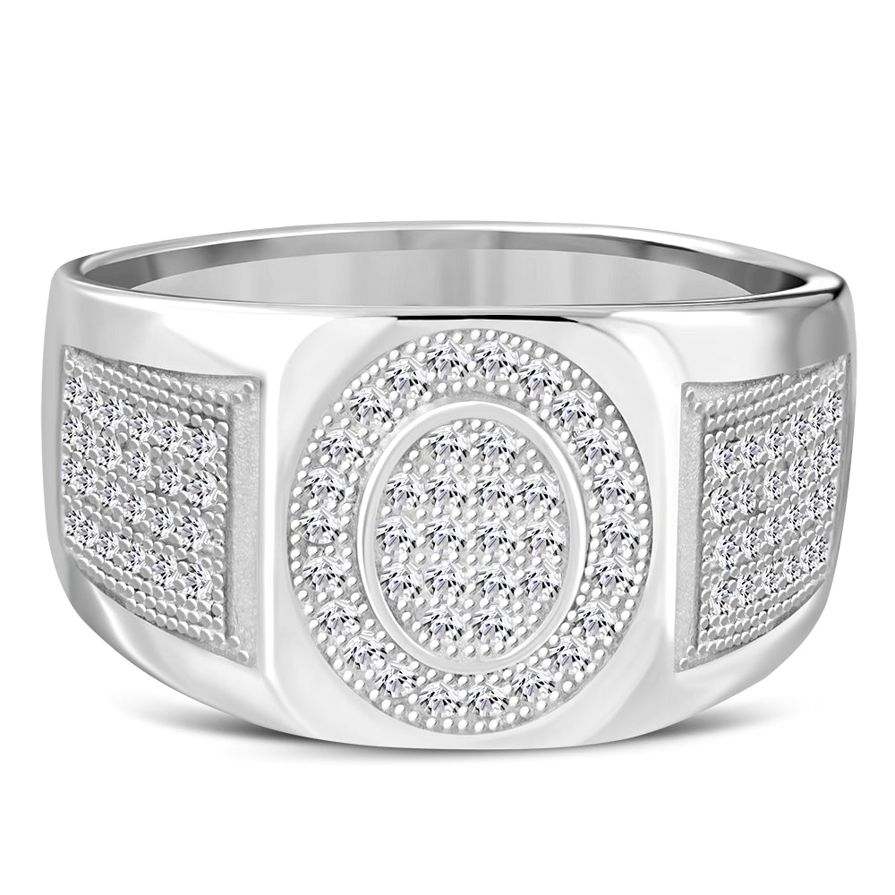 Men's 925 Sterling Silver Round Signet Ring Cubic Zirconia