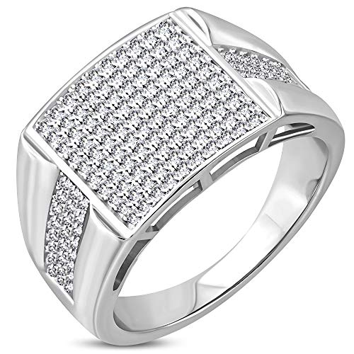 My Daily Styles 925 Sterling Silver Men's Silver-Tone Micro Pave White CZ Stone Flat-face Signet Style Ring with Band Detail