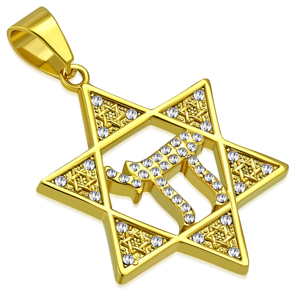 Stainless Steel Yellow Gold-Tone Star of David Chai Jewish Hebrew CZ Pendant Necklace