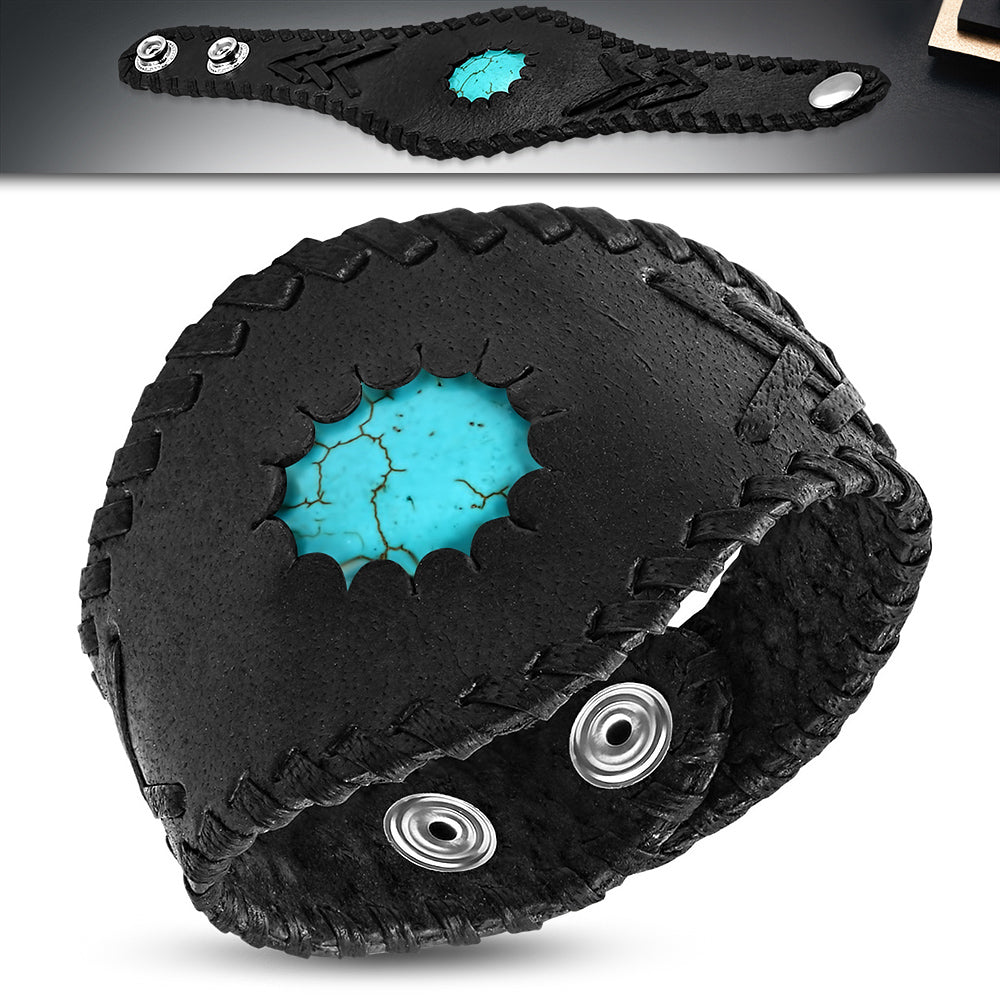 Leather Simulated Turquoise Adjustable Mens Cuff Bracelet, 8"