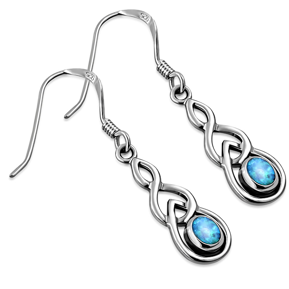 Womens Girls Blue Simulated Opal Celtic Dangle Drop 925 Sterling Silver Earrings