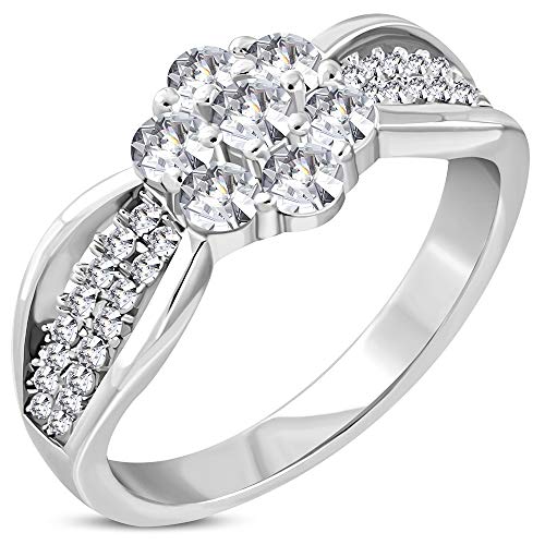 925 Sterling Silver White Clear CZ Flower Floral Engagement Ring Band