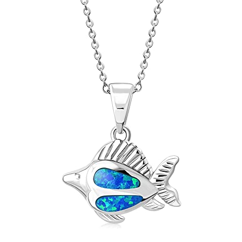 My Daily Styles - Fish Necklace for Women – Synthetic Opal Necklace – 925 Sterling Silver Pendant Necklace – Silver Pendant Encrusted with Blue and Green Simulated Opal Stone – 0.54″ x0.75″