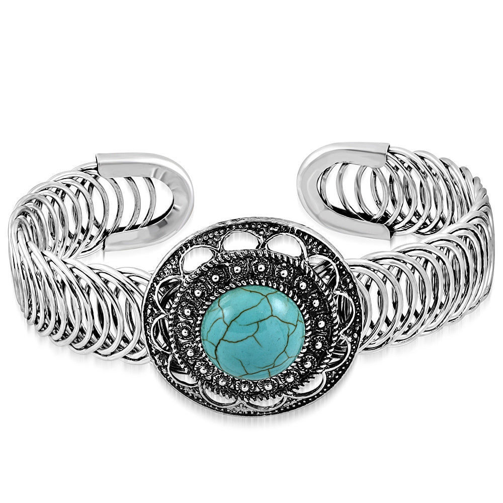 Fashion Alloy Silver-Tone Flower Simulated Turquoise Adjustable Cuff Bracelet, 9"