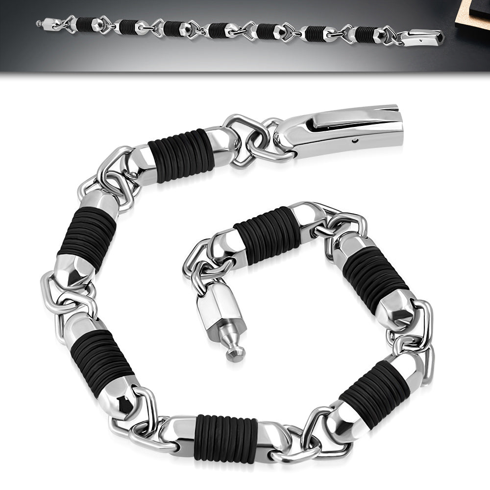 Stainless Steel Silver-Tone Black Rubber Link Mens Bracelet