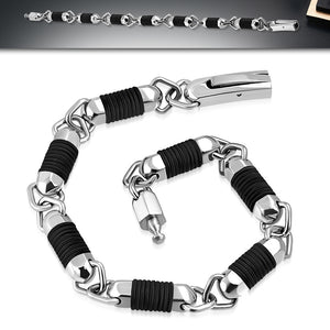 Stainless Steel Silver-Tone Black Rubber Link Mens Bracelet