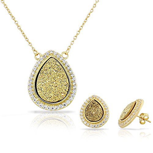 Sterling Silver Gold-tone Yellow Drusy Quartz Cz Teardrop Womens Jewelry Set