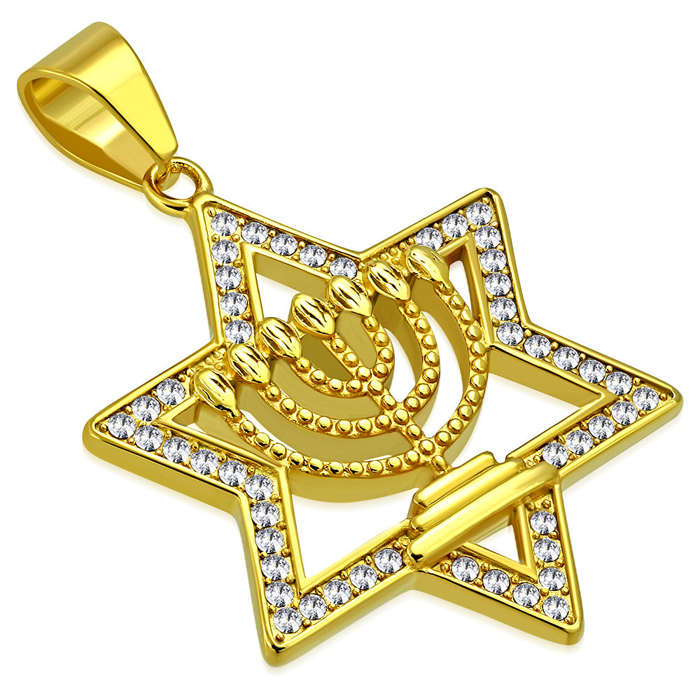 Stainless Steel Yellow Gold-Tone Star of David Menorah Jewish CZ Pendant Necklace, 30"