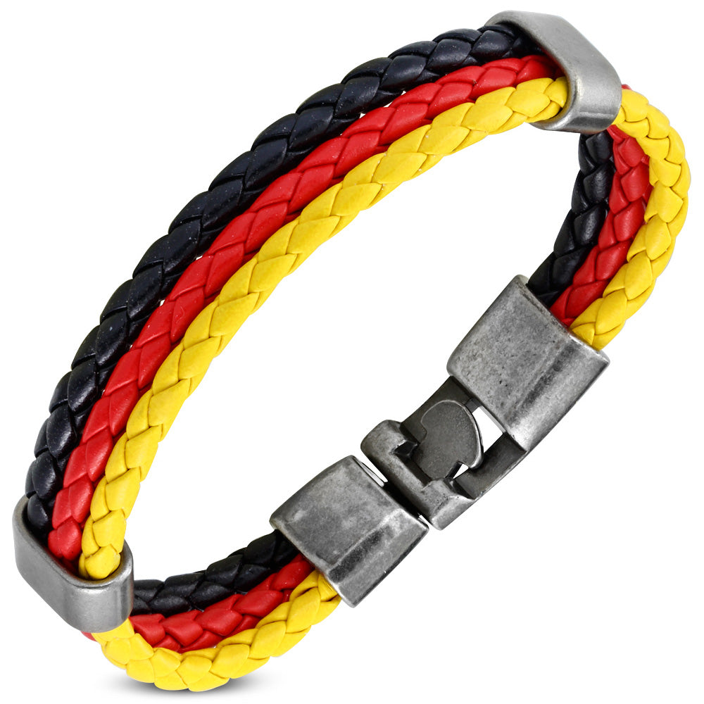 Stainless Steel Multi-Color Braided Faux Leather Layer Cuff Bracelet, 7.75"