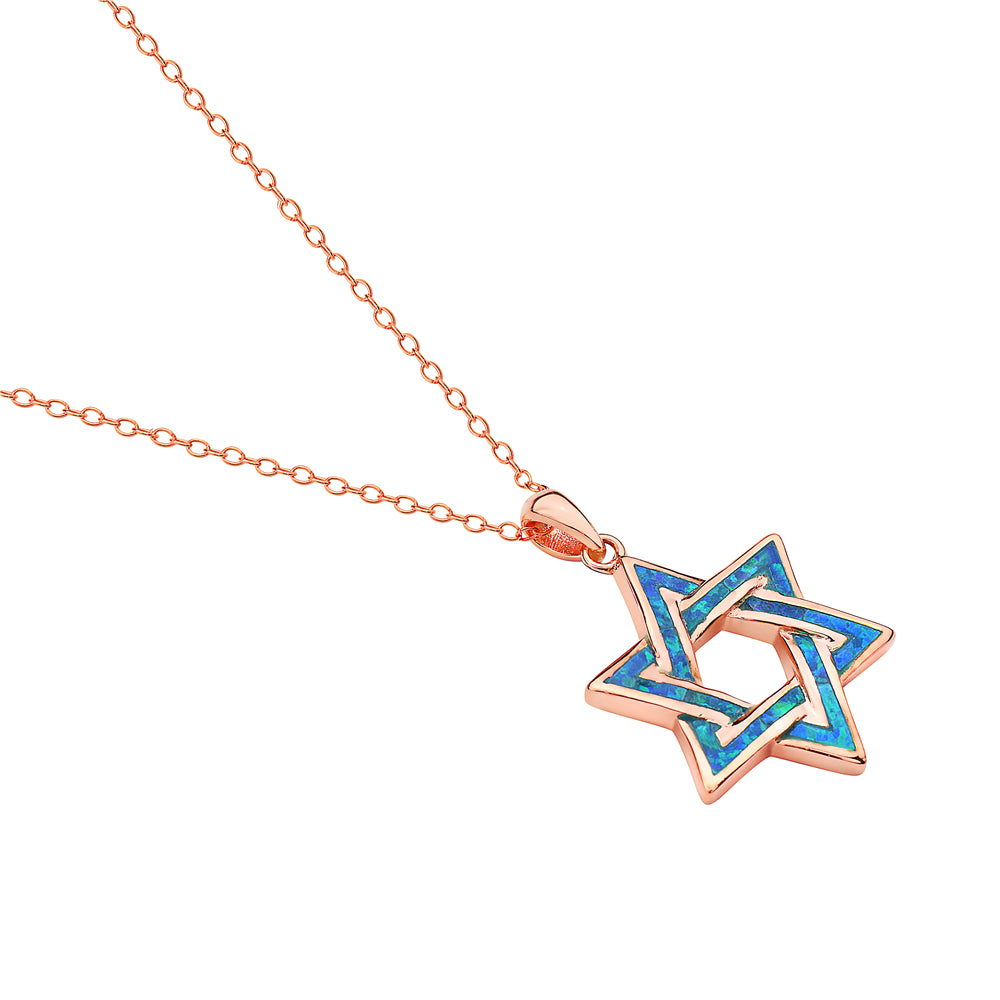 Rose Gold Inlay Opal Star of David Necklace Pendant Sterling Silver