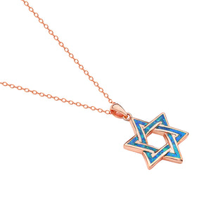 Rose Gold Inlay Opal Star of David Necklace Pendant Sterling Silver