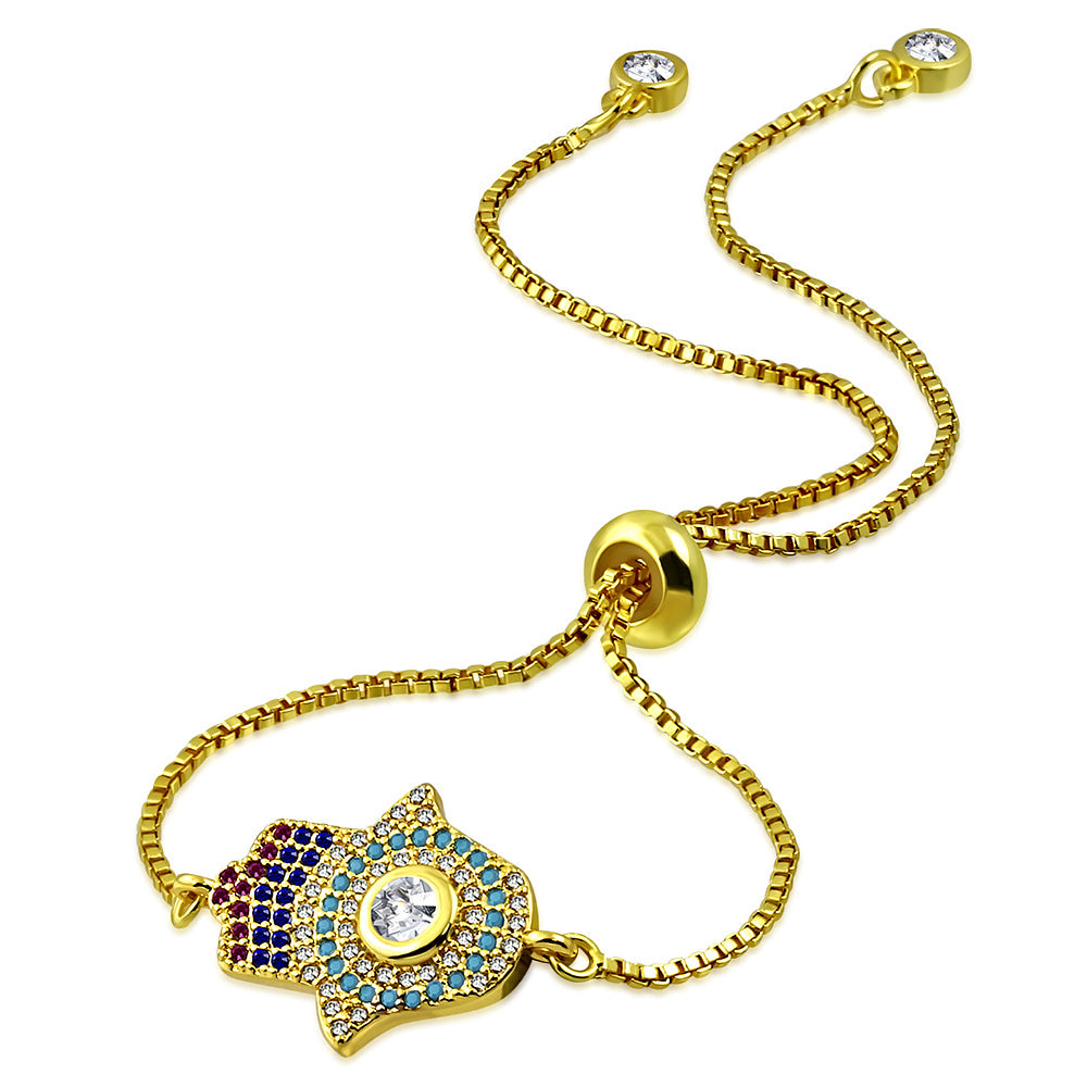 Stainless Steel Yellow Gold-Tone Multi-Color CZ Hamsa Adjustable Chain Bracelet, 9.5"