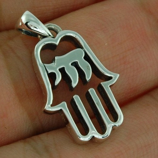 Chai and Hamsa Necklace Pendant Sterling Silver