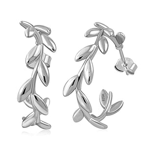925 Sterling Silver Round Semi-Hoop 1" (Inch) Earrings Leaf Design
