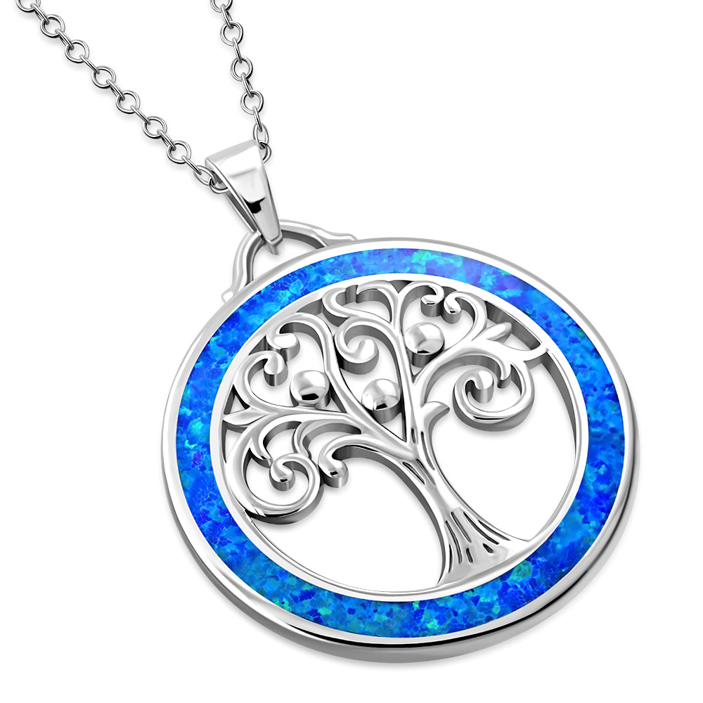 Blue Tree of Life Necklace Pendant 925 Sterling Silver Simulated Opal