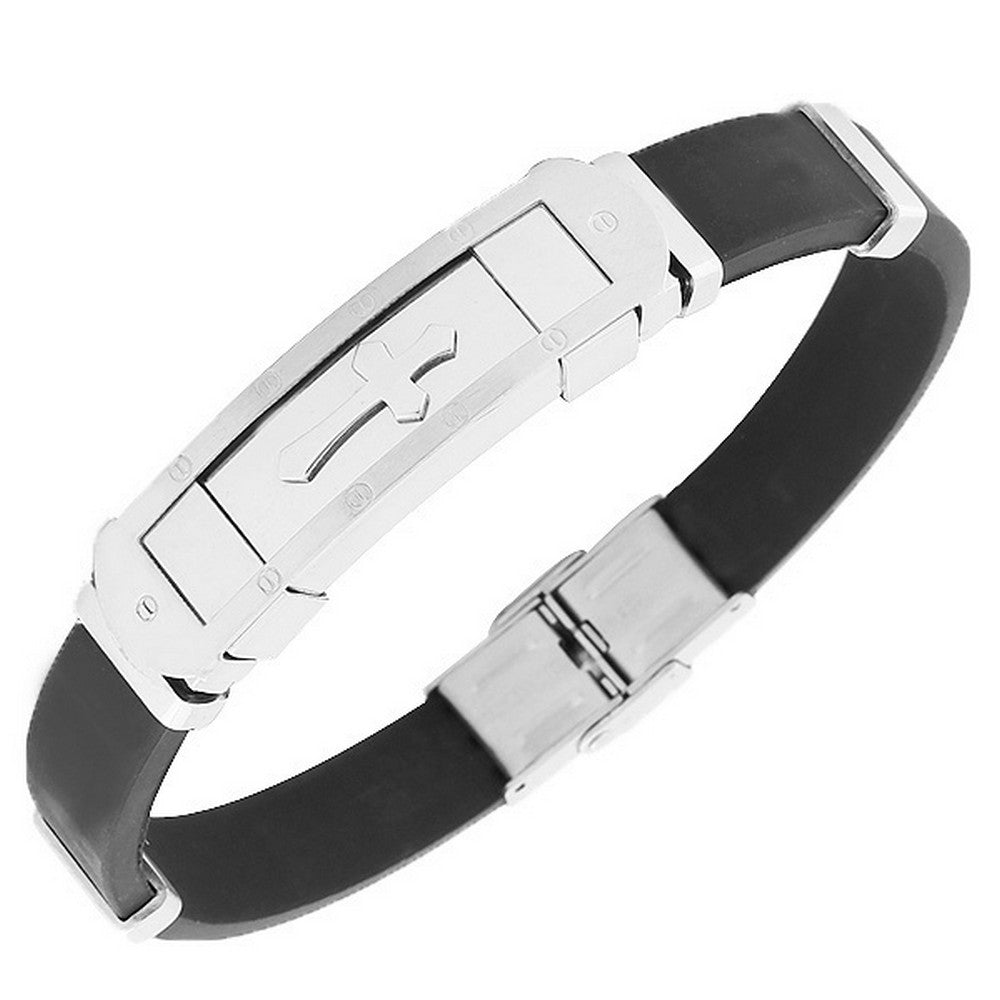 My Daily Styles Stainless Steel Black Rubber Silicone Silver Gold-Tone Cross Mens Bracelet