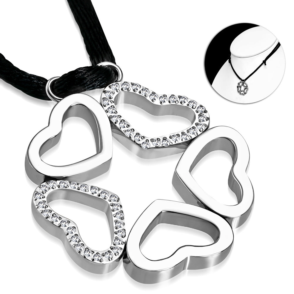 Stainless Steel Clear CZ Clover Love Heart Adjustable Pendant Necklace, 24"