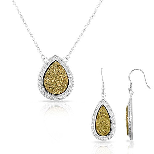 Sterling Silver Yellow Drusy Quartz Crystals CZ Teardrop Womens Necklace Drop Dangle Earrings Jewelry Set