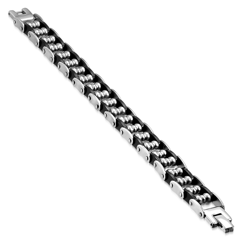 Stainless Steel Silver-Tone Black Rubber Link Mens Bracelet, 8"