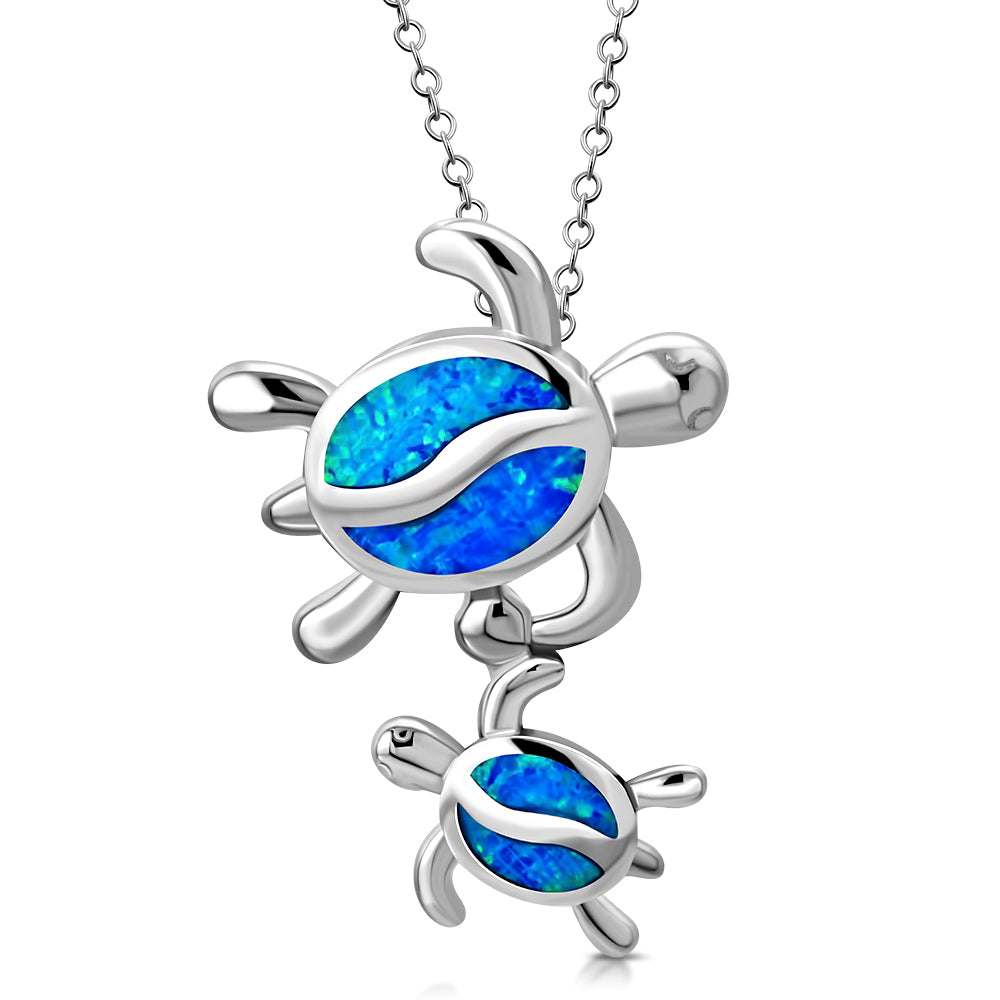 Blue Sea Turtle Pair Necklace Pendant 925 Sterling Silver Simulated Opal