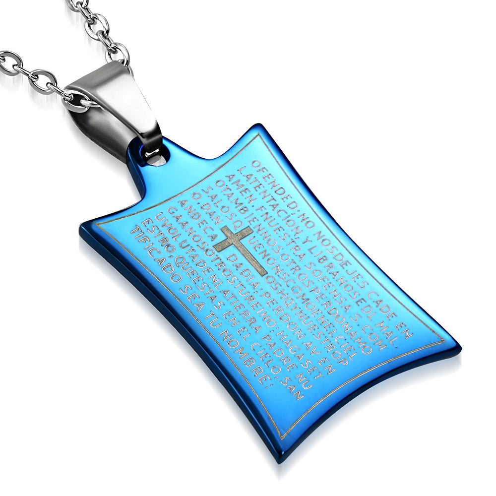 Mens Stainless Steel Blue Padre Nuestro Lord's Prayer Spanish Cross Pendant Necklace