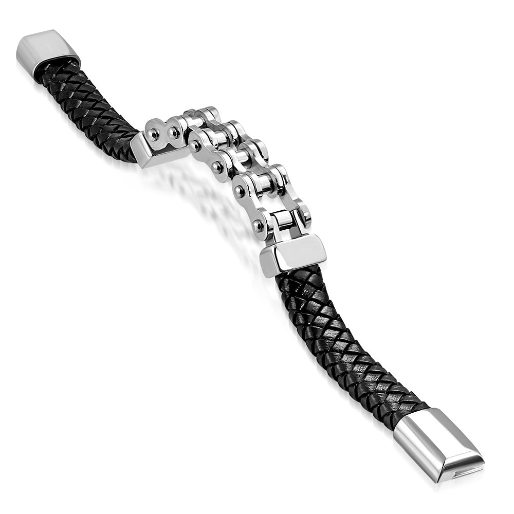 Stainless Steel Silver-Tone Bike Chain Black Leather Braided Mens Bracelet, 8.5"