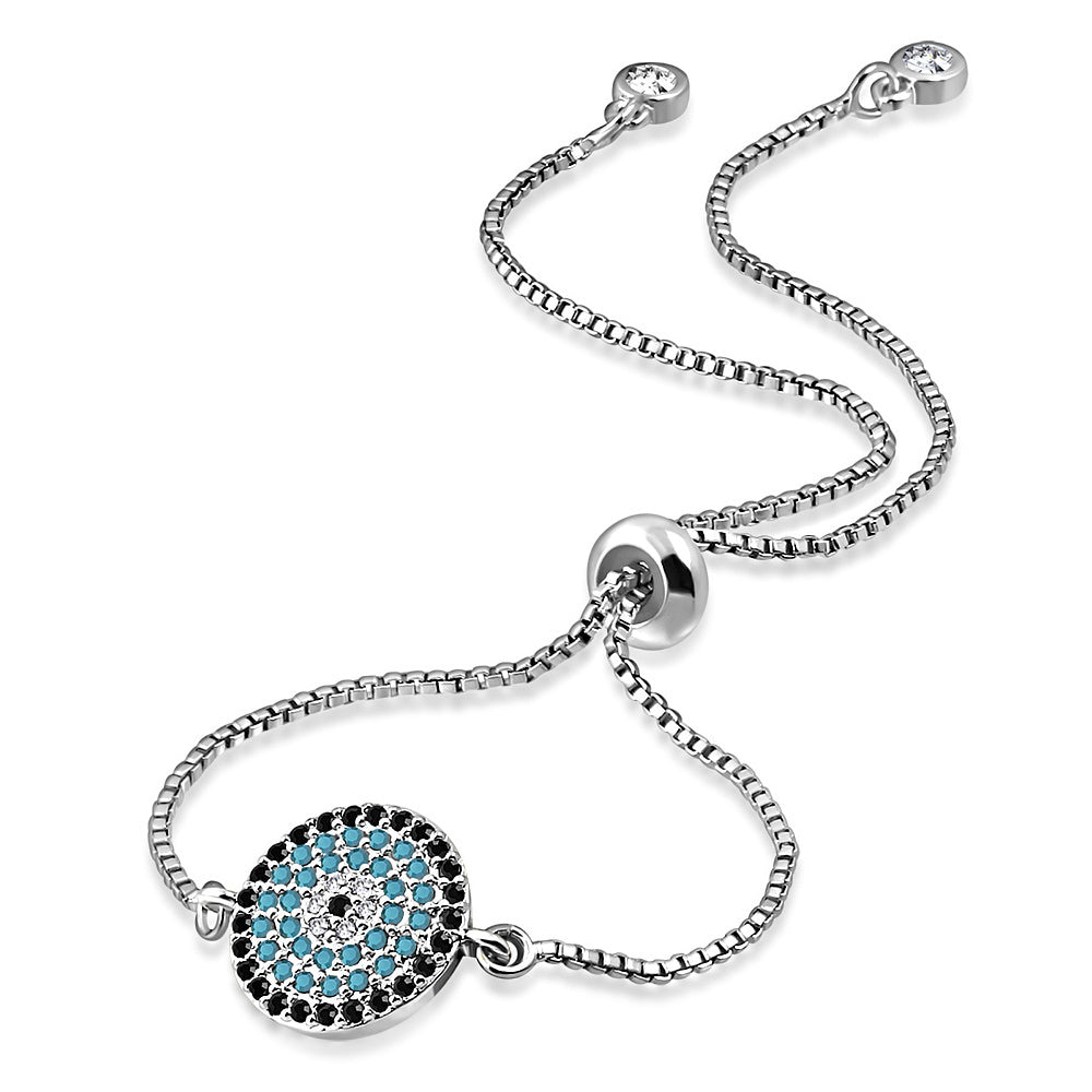 Stainless Steel Multi-Color CZ Evil Eye Protection Adjustable Bracelet, 9.0"
