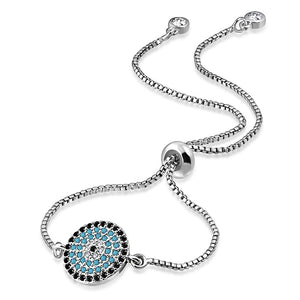 Stainless Steel Multi-Color CZ Evil Eye Protection Adjustable Bracelet, 9.0"