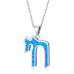 925 Sterling Silver Women’s Simulated Blue Opal Hebrew Chai (Life) Pendant Necklace with 16”-18" Adjustable Silver Cable Chain