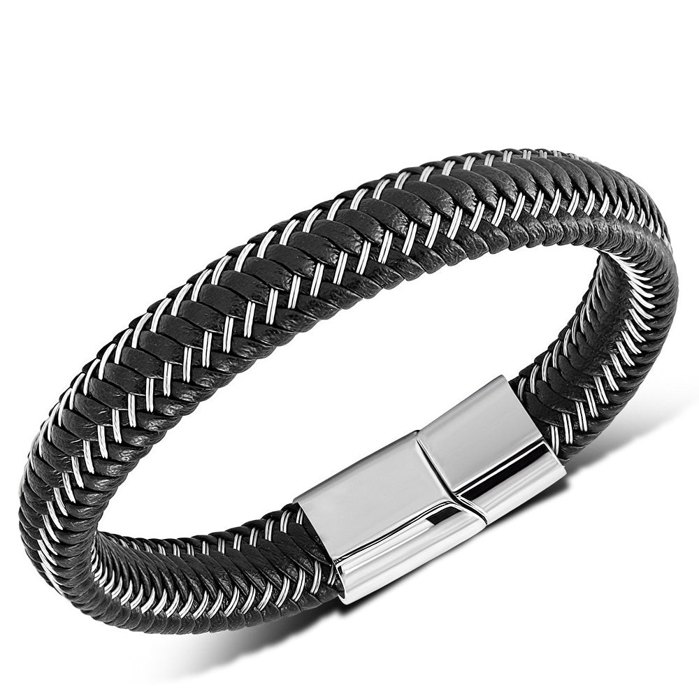 Stainless Steel Black Braided Leather Mens Cuff Bracelet, 8.5"