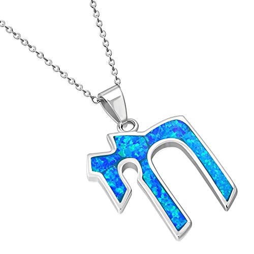 925 Sterling Silver Women’s Simulated Blue Opal Hebrew Chai (Life) Pendant Necklace with 16”-18" Adjustable Silver Cable Chain