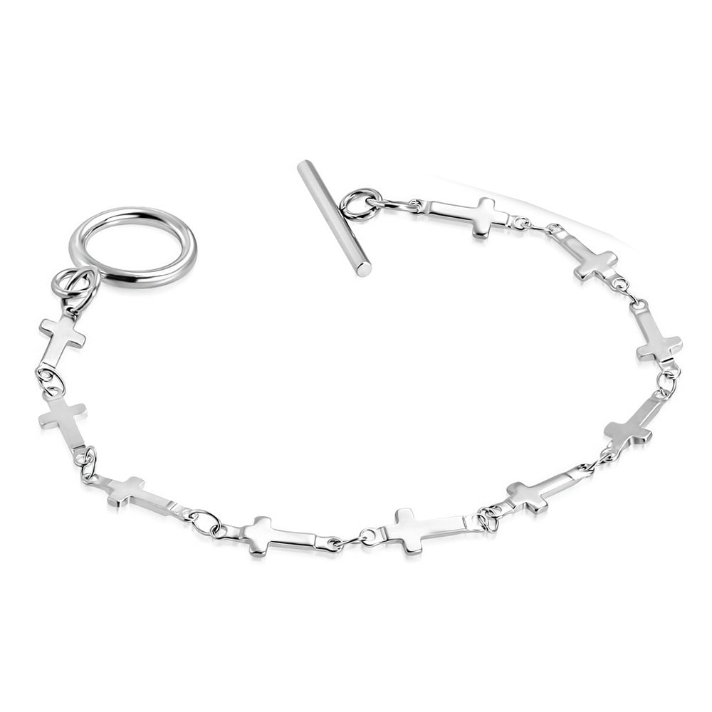 My Daily Styles Stainless Steel Silver-Tone Religious Cross Toggle Clasp Link Chain Bracelet