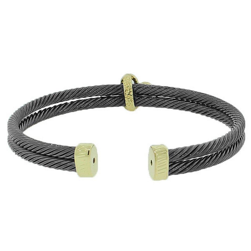 Fashion Black Yellow Gold-Tone Open End White CZ Bangle Bracelet