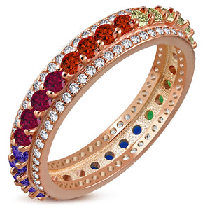 925 Sterling Silver Women's Silver Yellow Rose Gold-Tone Prong-Set Multi-Color CZ Stones Ring